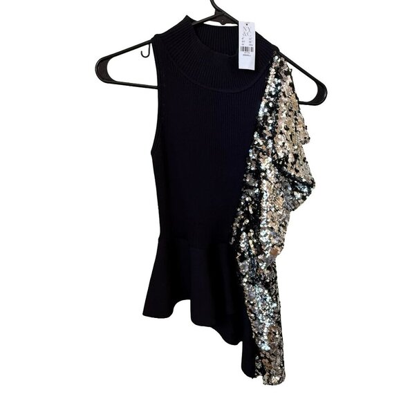 NY&Co Asymmetrical Sequin Ruffle Knit Top Black Silver XS - Picture 1 of 3